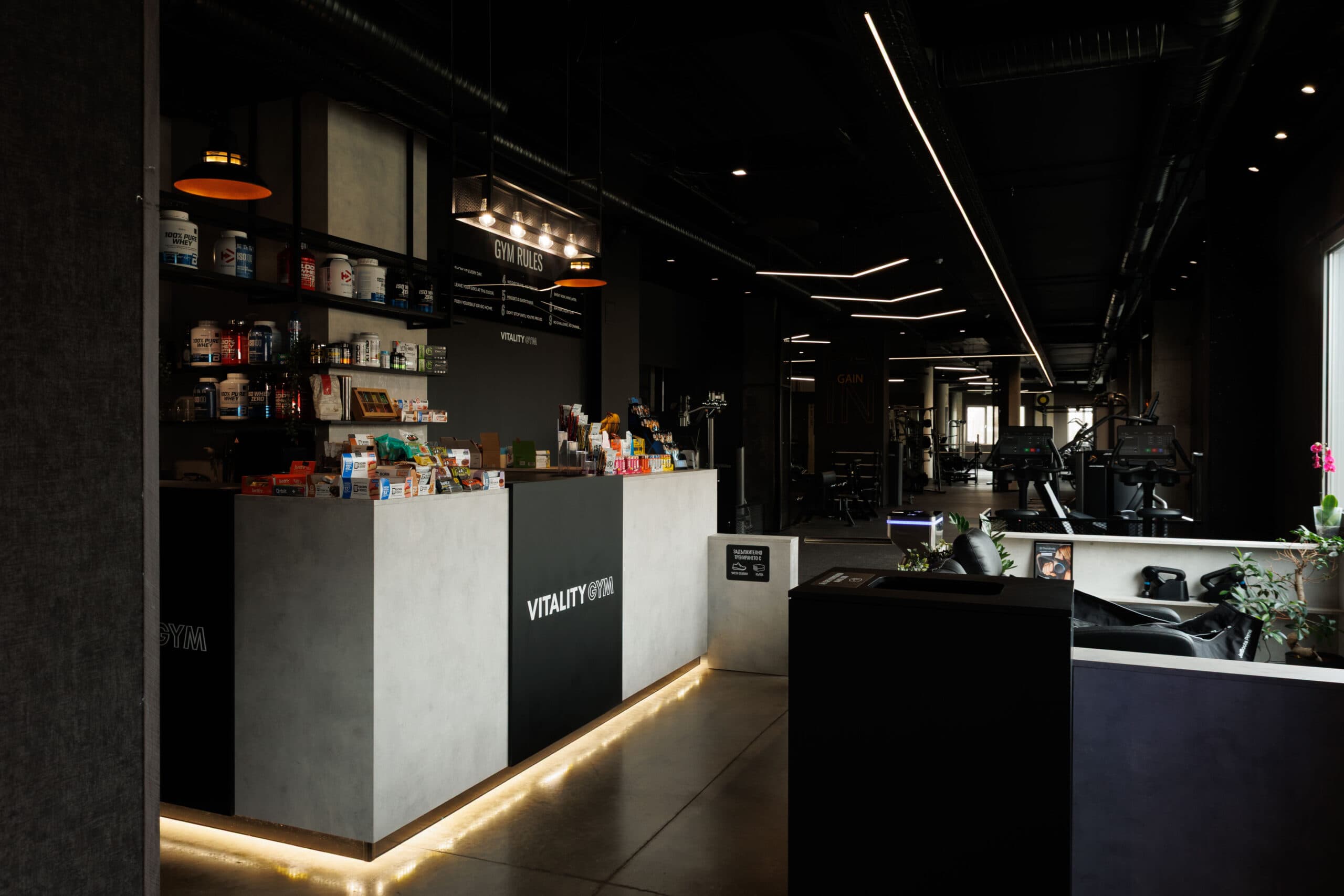 Vitality Gym protein bar with drinks and supplements